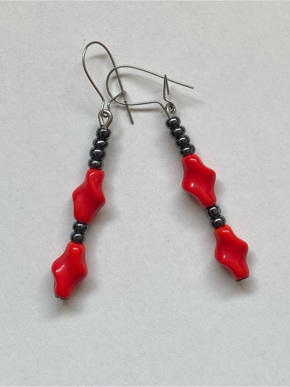 Vintage Red Glass Beads with Silver Dangle Earrings